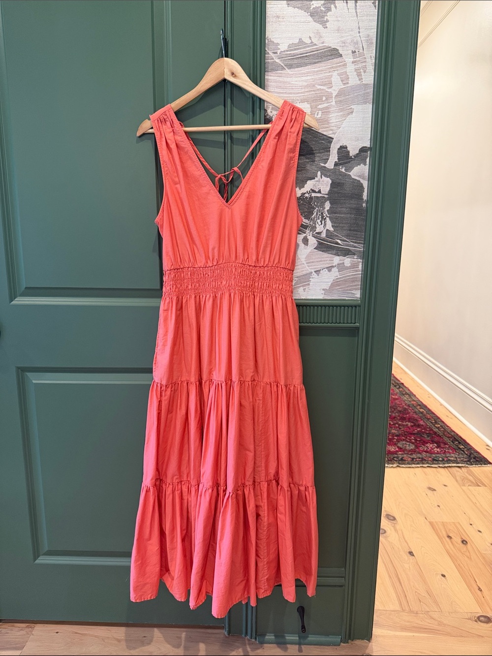 Maeve Anthropologie Sleeveless V-Neck Tiered Midi Dress in Coral